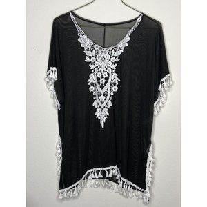 Black Sheer Swim Beach Cover-up Size S White Lace and Tasseled Trim Outdoors